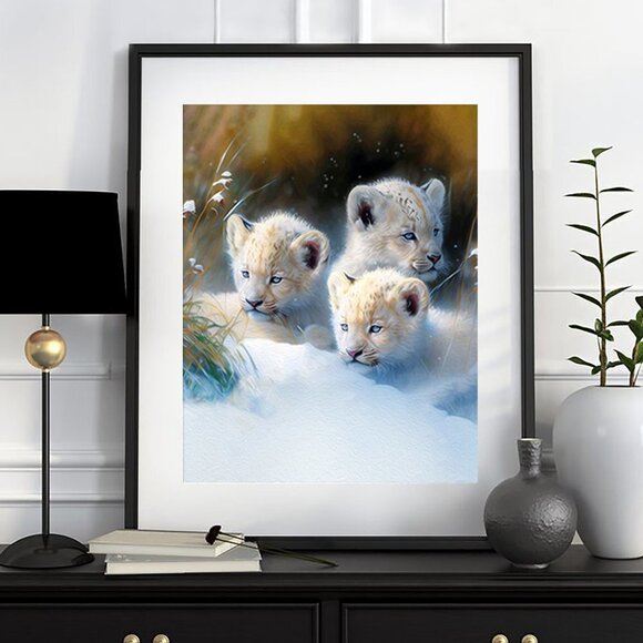 8x8 or 8x10 Lion Cubs Snowy Landscape Wall Art Watercolor Oil Painting Print - Picture 4 of 6